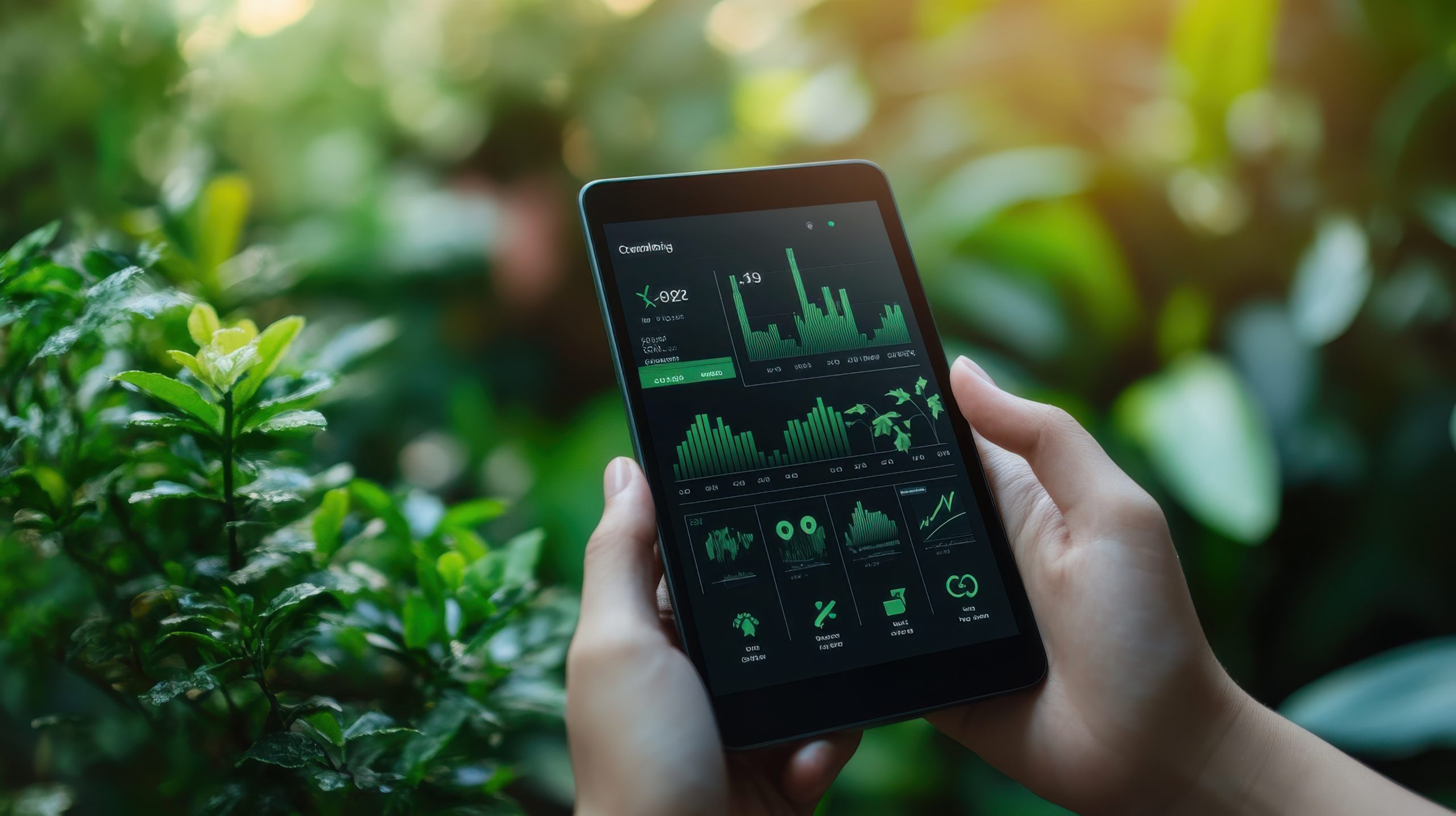 A close up of hands holding a digital device displaying a carbon footprint tracker, with numbers and graphs showing progress toward sustainability goals.